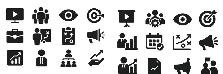 Aufkleber - Business strategy icons representing teamwork, analytics, and presentations in a modern digital context