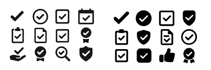 Leinwandbilder - Icons representing checkmarks and tasks in black and white with various shapes and symbols for organizational purposes