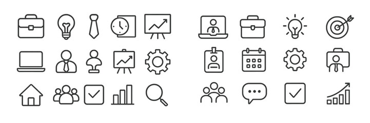 Poster - Collection of minimalist business and productivity icons showcasing tools for work and team collaboration in a professional setting