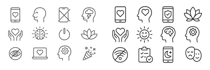 Poster - Icons representing mental health awareness, emotional well-being, and self-care practices in a minimalistic style