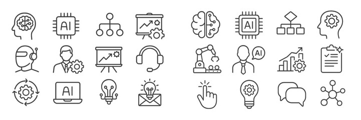 Aufkleber - Collection of artificial intelligence icons depicting concepts like machine learning, data analysis, and robotics in simple line art