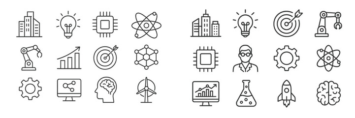 Aufkleber - Icons illustrating technology, science, and innovation concepts in a modern layout featuring various symbols