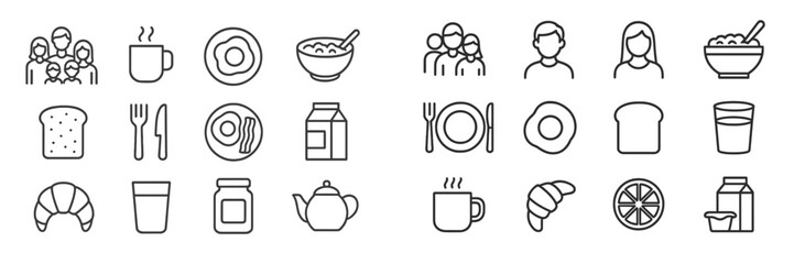 Poster - Various food and drink icons depicting breakfast elements and social gatherings in a simple and clear style
