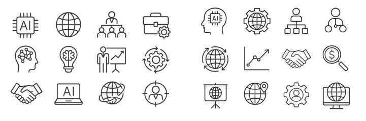 Poster - Collection of icons representing artificial intelligence, global business, and collaboration concepts in a modern design