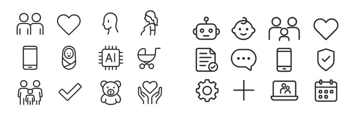 Poster - Various icons representing love, communication, technology, and family in a modern design style suitable for digital applications