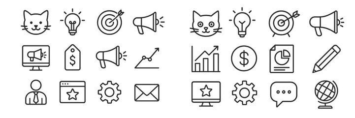 Aufkleber - Creative icons representing business concepts, analytics, and communication elements in a minimalist design