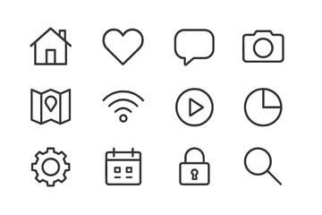 Fototapete - Icon collection featuring home, love, communication, photography, navigation, and security symbols suitable for digital applications