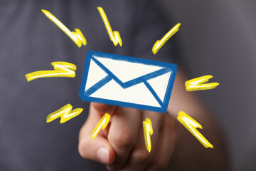 Poster - Close-up of hand interacting with digital email icon. New message alert concept.