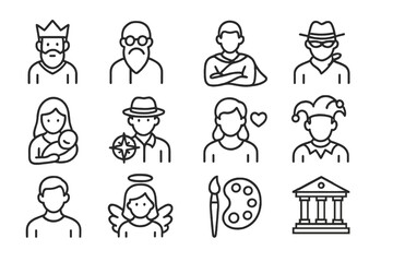 Poster - Iconic representations of various characters and professions illustrated in a linear style on a white background
