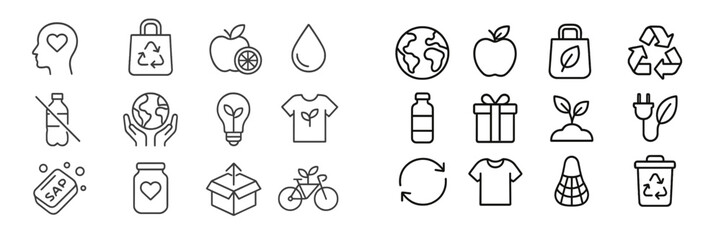 Poster - Icons representing sustainability and eco-friendly practices in various everyday activities and items