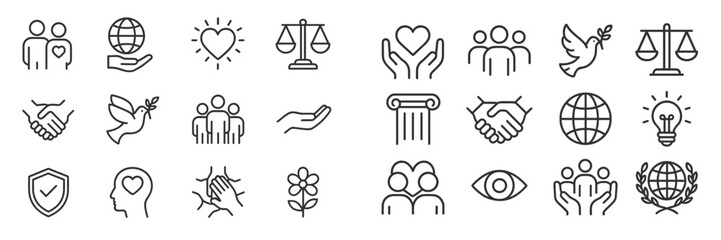 Poster - Various line icons representing themes of love, community, peace, balance, and protection, suitable for social initiatives or projects