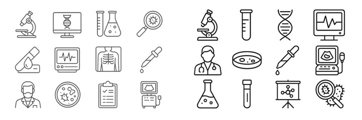 Poster - Collection of scientific icons including laboratory equipment, healthcare symbols, and medical illustrations for educational purposes