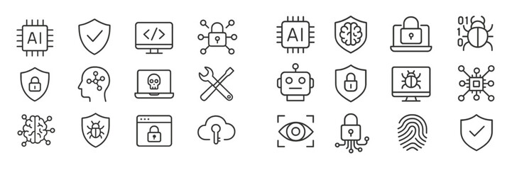 Aufkleber - Focus on cybersecurity icons featuring various elements like AI, protection, and digital safety measures