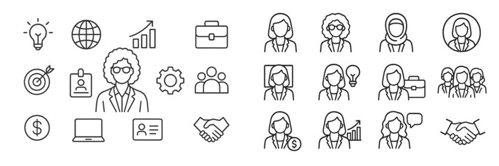 Poster - Business illustration with diverse professional icons representing teamwork, goals, and success in a modern workspace