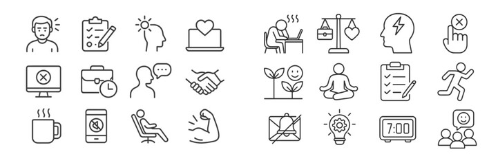 Poster - Collection of simple icons representing various emotions, work activities, and wellness practices in a minimalist style