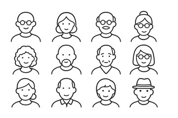 Poster - Diverse group of people with various hairstyles and ages presented in a grid format in black and white outline style