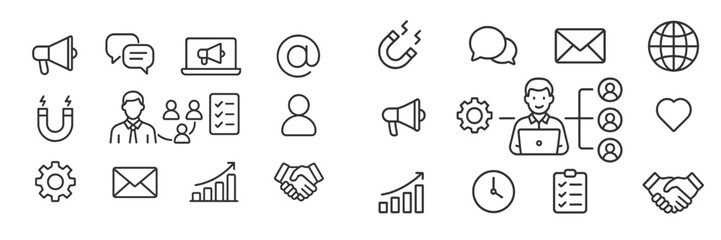 Poster - Collection of business icons representing communication, marketing, and technology in a modern workspace setting