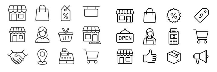 Poster - Icons representing shopping activities and retail elements for online and physical stores in a minimalist style