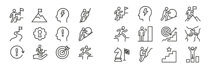 Poster - Icons representing achievement, challenges, and growth depicted through various activities and symbols related to success and teamwork