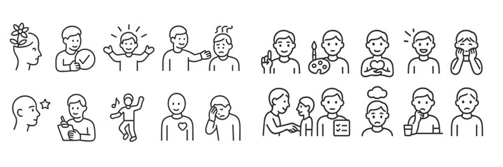 Poster - Emotions illustrated through simple line drawings showcasing various human expressions and activities in a creative and engaging way