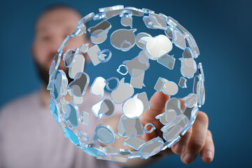 Poster - Concept image depicting global communication and networking through a sphere of diverse speech bubbles.