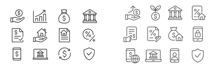Poster - Financial icons depicting banking services and monetary transactions in minimalistic design