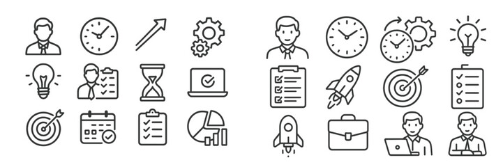 Poster - Collection of icons representing business concepts including time management, goal setting, and growth strategies