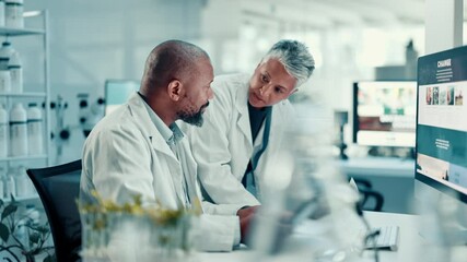 Aufkleber - Documents, science and tablet with people in laboratory together for medical development or research. App, healthcare and paperwork with mature scientist team at work on clinical trial for discovery