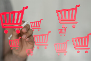 Aufkleber - Hand drawing shopping cart icons, illustrating online shopping, e-commerce, digital marketing, and retail.