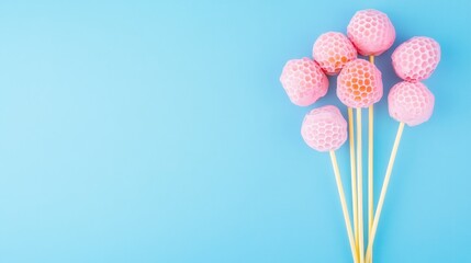 Poster - Pink Honeycomb Balls on Sticks - A bouquet of pink honeycomb-textured balls on wooden sticks against a light blue background. Perfect for spring or summer themes