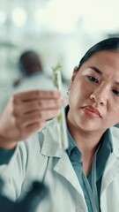 Poster - Scientist, woman and plant with test tube in laboratory for botany, medical research and breakthrough. Asian chemist, biotechnology and examine sample for pharmaceutical study or sustainable ecology