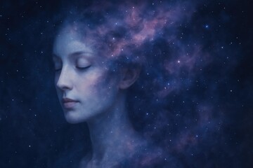 Wall Mural - ethereal portrait of a woman with a serene expression her face partially obscured by swirling nebula