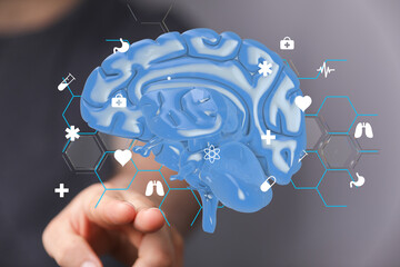 Poster - 3D brain model with medical icons. Healthcare, technology, science, medicine.