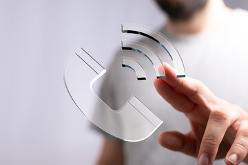 Poster - Hand interacting with a transparent phone icon and wifi signal. Represents communication.