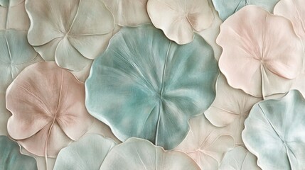 Poster - Vibrant wall installation showcases oversized textured leaves in various soft colors. Background adds a calming aesthetic, creating an inviting atmosphere for visitors