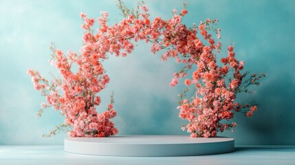 Poster - A stunning floral arch made up of lush pink flowers stands on a circular platform. The backdrop is a gentle blue, creating a serene atmosphere perfect for events or photography