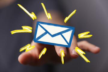 Poster - Close-up of hand presenting a digital email icon, radiating energy.