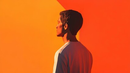 Aufkleber - A person standing in front of a vibrant orange and yellow wall, perfect for use as a background or to add a pop of color to your design