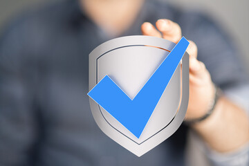 Poster - Cybersecurity, data protection, online safety, secure, privacy, risk management, shield, check mark, approved, protection, trust, safety, guarantee, reliab