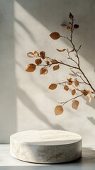Fototapete - A circular stone pedestal supports dried leaves arranged in a delicate display. Soft afternoon light creates shadows on a smooth wall, adding depth to the minimalist setting