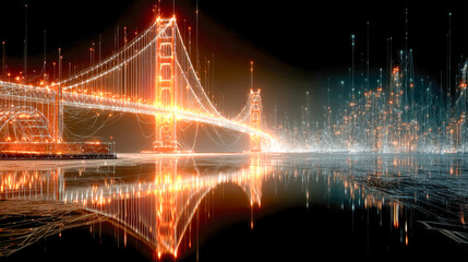 Poster - A glowing digital blueprint-style illustration of a suspension bridge illuminated at night, spanning a river over a city full of lights