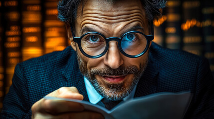 Poster - Close up of confident mature businessman wearing glasses reading document in front of financial data screen with orange charts graphs and stock market numbers in background