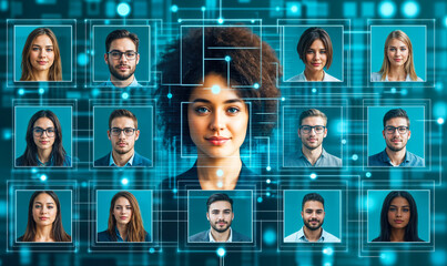 Poster - Facial recognition technology connecting diverse group of young adults in digital network for identification and human resource management