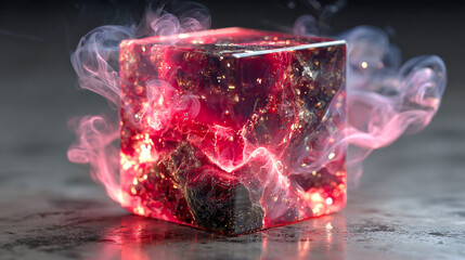 Poster - A glowing red crystalline orb emits smoke from within a clear resin cube, creating a mystical and futuristic art piece