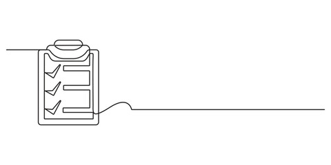 Poster - Continuous single line drawing of clipboard with checklist. Single continuous line drawing illustration of checklist on clipboard. Business, Survey, Report concept line art. Doodle vector illustration