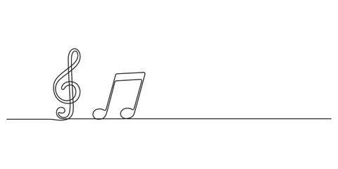 Poster - Music single continuous line art, One line drawing of isolated on black outline vector art, Musical Notes Continuous Line Icon, Treble clef continuous one line drawing. Pro vector