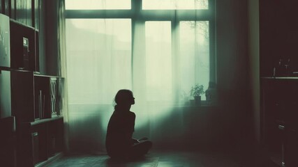 Aufkleber - A person sitting on the floor in front of a window, possibly contemplating or relaxing