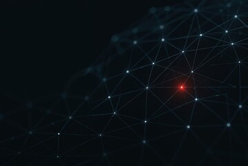 Poster - abstract digital network connections with glowing points representing data points and communication in a dark background