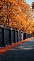 Poster - Storage units are aligned along a paved pathway, with bright orange and yellow leaves covering the ground. Tall trees with colorful autumn foliage create a serene atmosphere