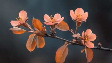 Poster - A close-up shot of a single flower sitting on a branch, with the camera focused on the delicate petals and stem